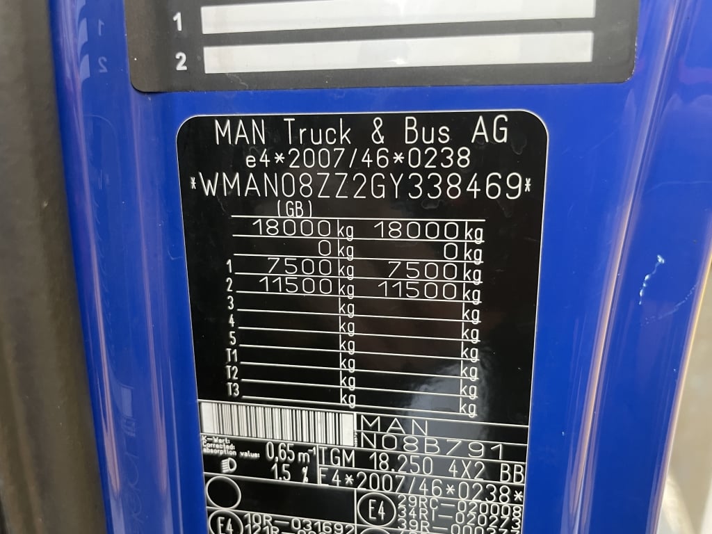 MAN TGM 18.250 *EURO 6*, 4X2 PINCE À BRIQUES DE 18 TONNES - 2016 - DA65 SKE