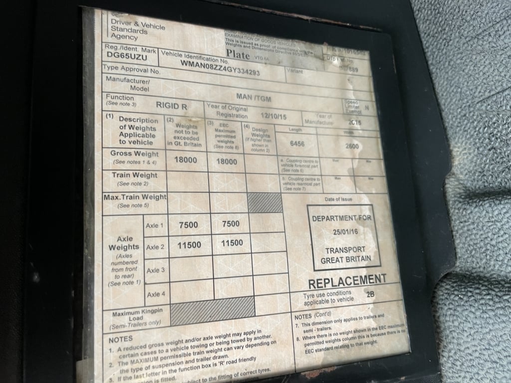 MAN TGM 18.250 *EURO 6*, 4X2 PINCE À BRIQUES DE 18 TONNES - 2015 - DG65 UZU