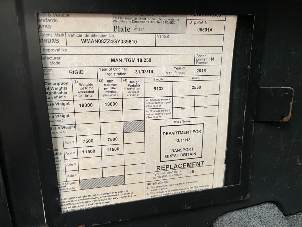 MAN TGM 18.250 *EURO 6*, PINCE 4X2 18 TONNES – 2016 – DG16 DXB