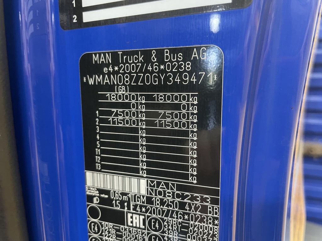 MAN TGM 18.250 *EURO 6*, 4X2 PINCE À BRIQUES DE 18 TONNES - 2016 - DG66 RZE