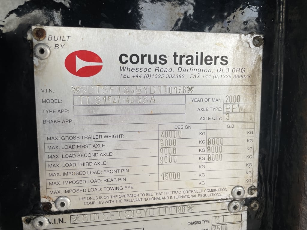 CORUS 30FT TIPPING SKELETAL TRAILER C/W STEEL TIPPING BODY – 2000 – C059637