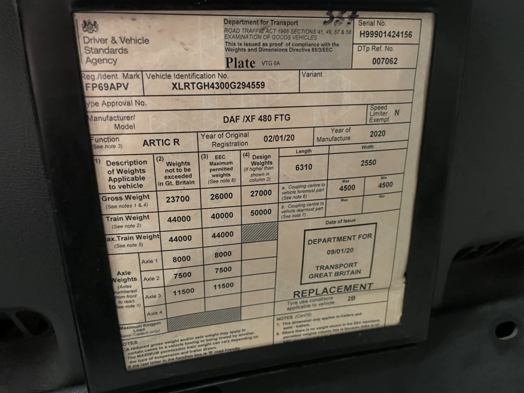 DAF XF106 480 SPACE CAB *EURO 6* 6X2 TRACTOR UNIT – 2020 – FP69 APV