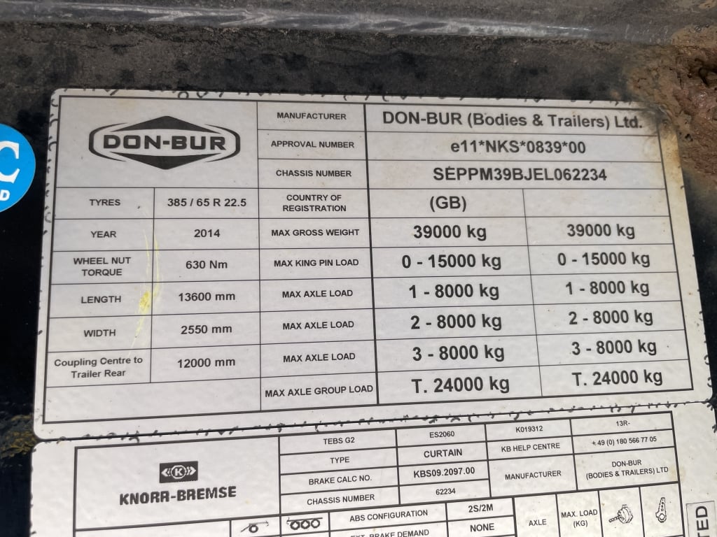 DON BUR 45FT STREAMLINE CURTAINSIDER TRAILER – 2014 – C367646
