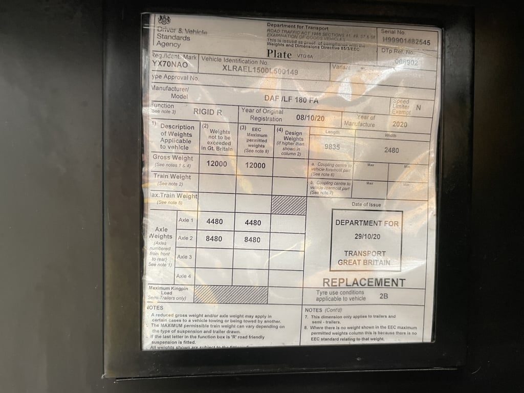 DAF LF180 4X2 *EURO 6* 12 TONNE BOX – 2020 – YX70 NAO