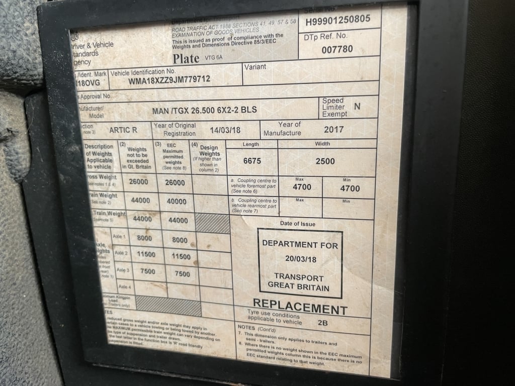 MAN TGX 26.500 *EURO 6* XLX 6X2 TRACTEUR À ESSIEU TAG – 2018 – N° de série 18, en parfait état