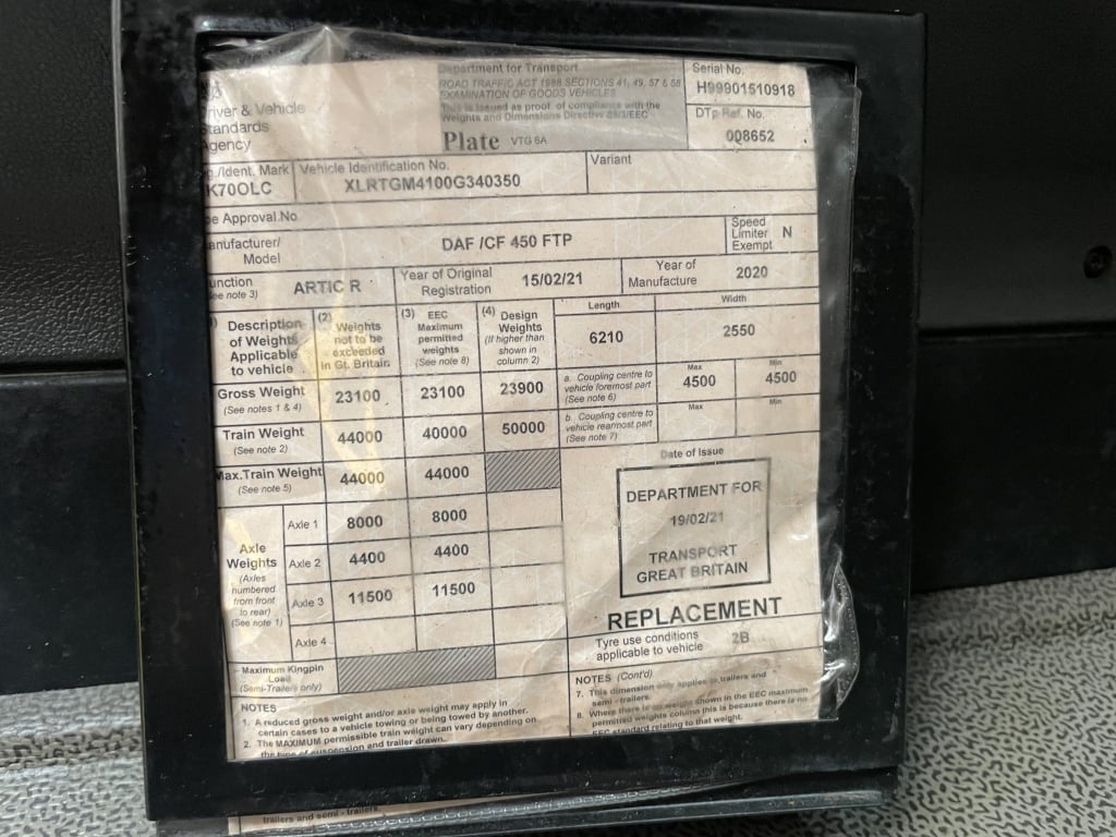 DAF CF450 FTP PET REGS *EURO 6* TRACTEUR 6X2 – 2021 – YK70 OLC