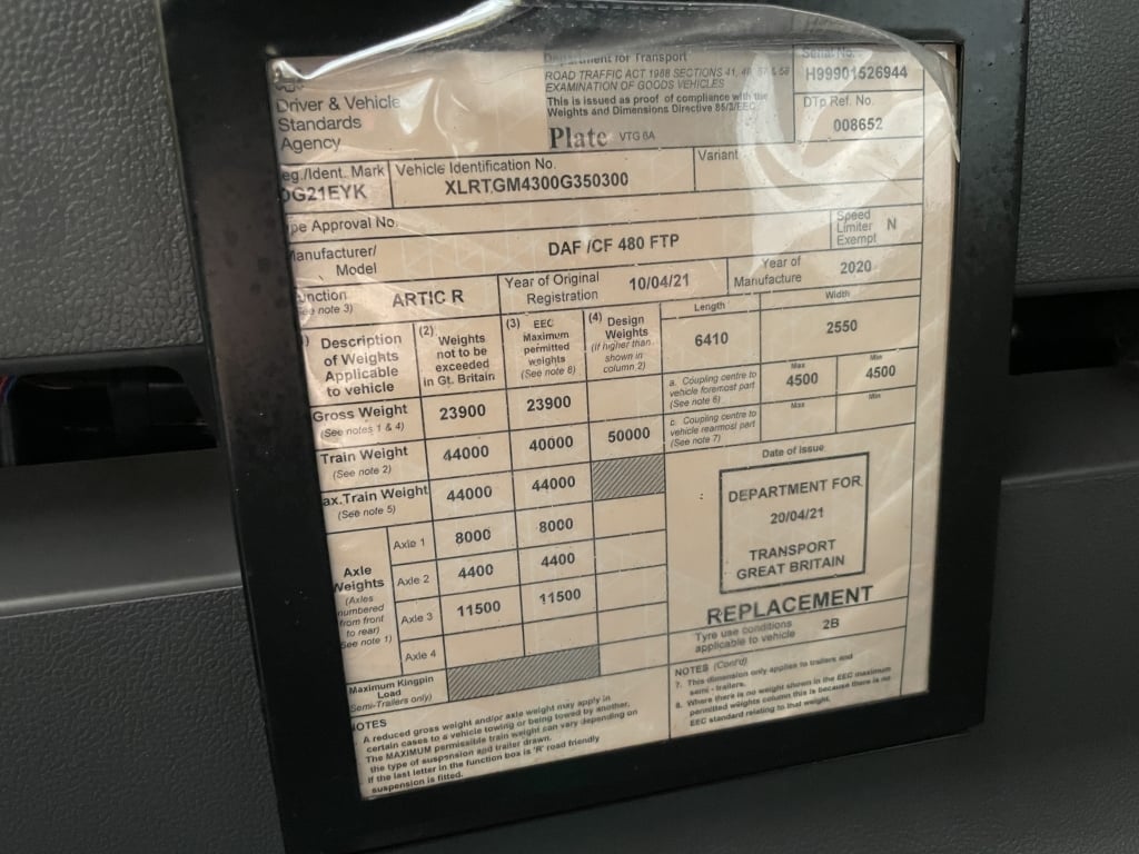 DAF CF480 FTP *EURO 6* 6X2 PET REGS TRACTOR UNIT – 2021 – DG21 EYK