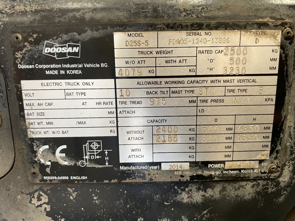CHARIOT ÉLÉVATEUR DIESEL DOOSAN DE 2,5 TONNES – 2014 – FLT 04