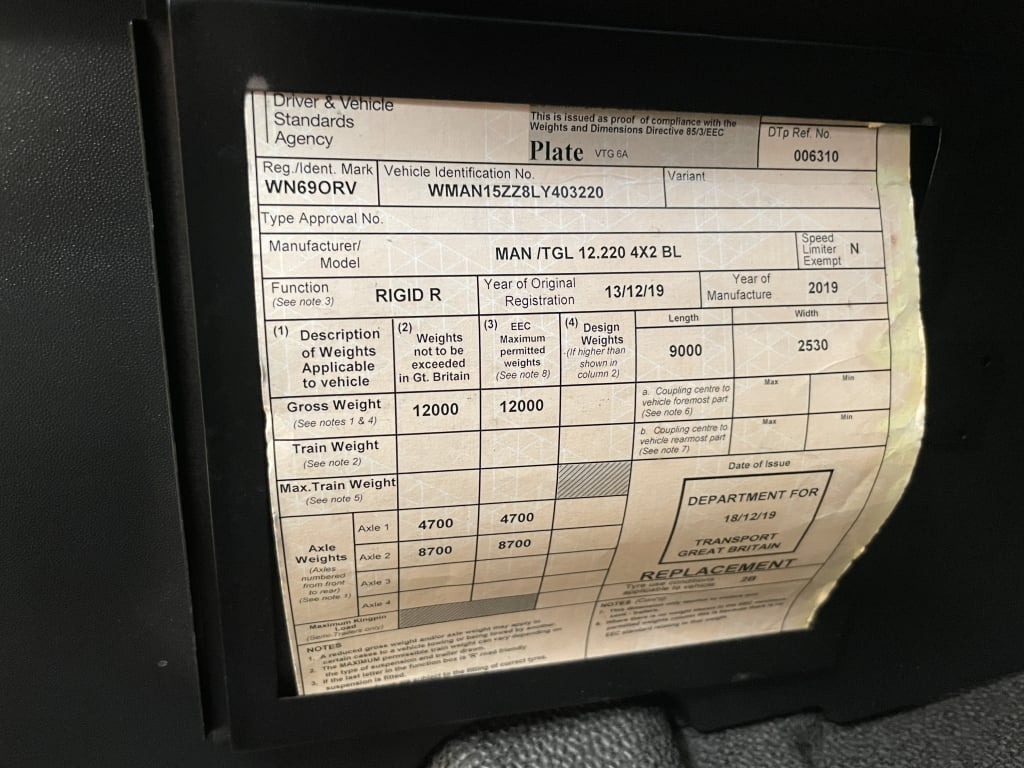 MAN TGL 12.220 *EURO 6* TRANSPORTEUR DE VOITURES DE 12 TONNES – 2019 – WN69 ORV – *ANCIEN CONTRAT BENTLEY MOTORS*