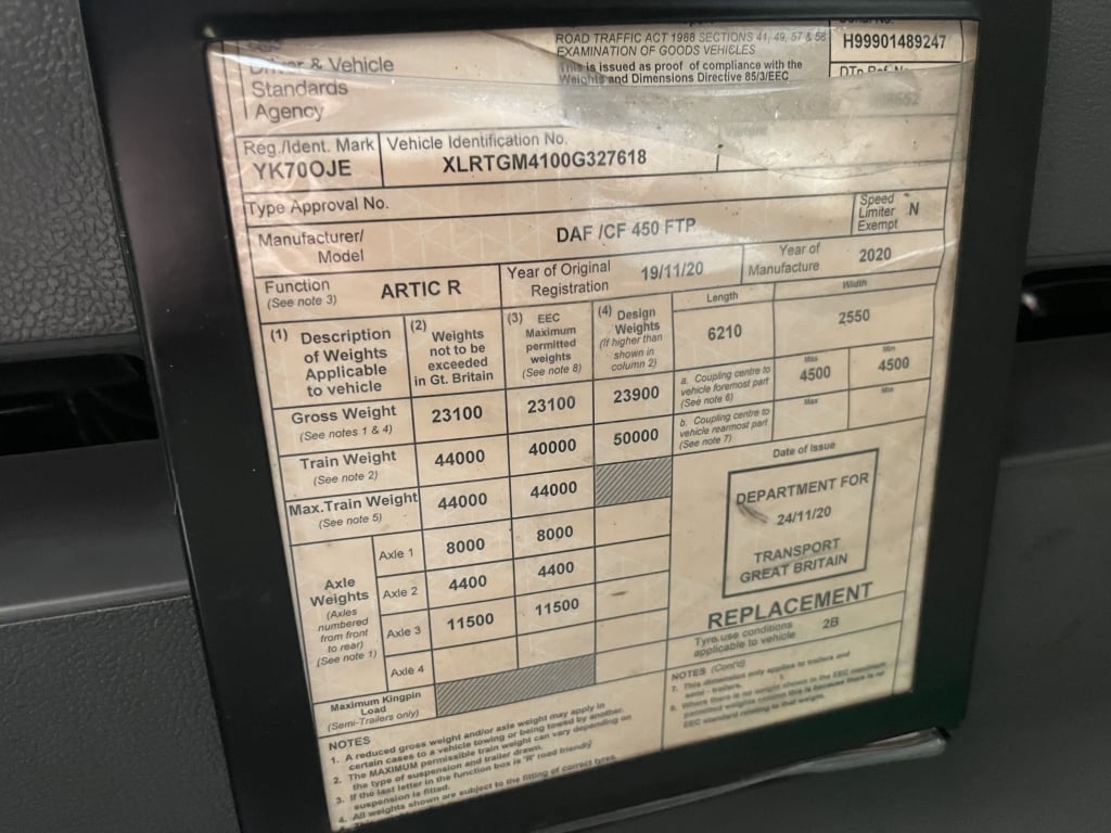DAF CF450 FTP PET REGS *EURO 6* 6X2 TRACTOR UNIT – 2020 – YK70 OJE
